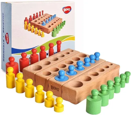 BOHS Montessori - Bloques de cilindros con pomos, 6 clavijas / 6.7 pulgadas, juguetes coloridos de madera para la escuela temprana en casa, juego de