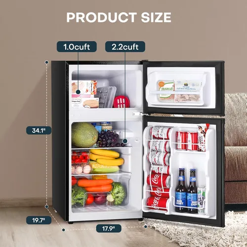 Miniatura 2 de Upstreman - Mini refrigerador de 3.2 pies cúbicos con congelador; refrigerador mini de dos puertas, termostato ajustable, mini refrigerador