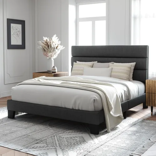 Miniatura 3 de Allewie Base de cama de plataforma tamaño Queen con cabecera tapizada de tela y soporte de listones de madera, base de colchón totalmente tapizada