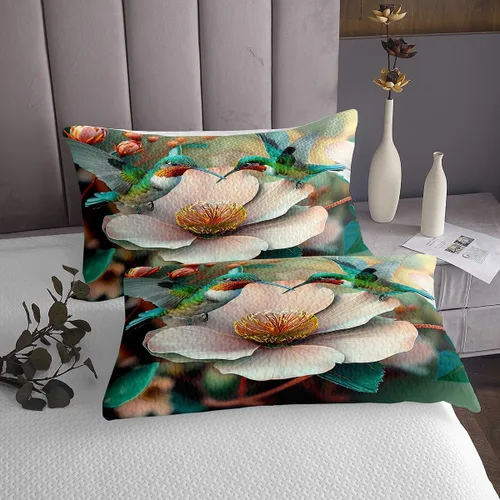Miniatura 2 de Juego de ropa de cama floral 3D tamaño individual con colibrí, 2 piezas para niños, adolescentes, mujeres, hombres, decoración de habitación