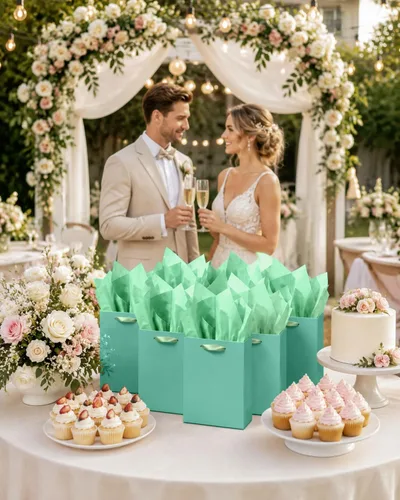 Miniatura 6 de qiqee 10 mini bolsas de regalo color verde frijol con asas de papel de seda de 6.3 x 4.7 x 2.4 pulgadas, tamaño pequeño para regalos de fiesta