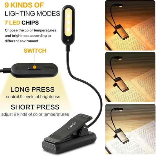 Miniatura 3 de VAVOFO Luz de lectura recargable con clip, 7 LED con 3 temperaturas de color, 9 niveles de brillo, luces de libro para leer en la cama con indicador