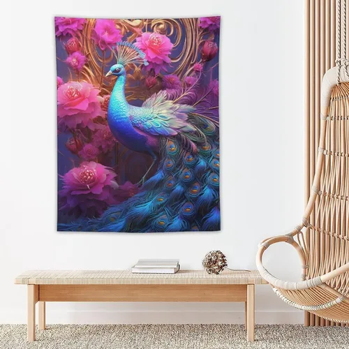 Miniatura 5 de JHION Tapiz de pavo real, hermoso tapiz de pájaro para colgar en la pared, tapices estéticos psicodélicos, arte de pared, decoración del hogar