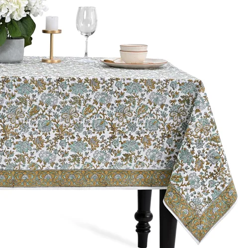 Miniatura 25 de CPC - Mantel cuadrado 100% algodón, 60 x 60 pulgadas, estampado de bloques indios, mantel para bodas, primavera/verano, barbacoa, verde ágata