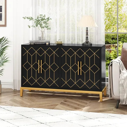 Miniatura 6 de HLR Gabinete de Acento con 4 Puertas y Estantes, Gabinete Aparador Buffet con Ribete Dorado, Almacenamiento Negro Moderno para Sala de Estar