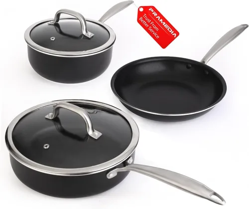 Juego de ollas y sartenes antiadherentes, juego de utensilios de cocina de cerámica de 5 piezas, asas de acero inoxidable, compatible con inducción