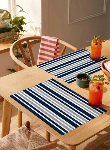 Miniatura 4 de Juego de 6 manteles individuales lavables de lino y algodón para cocina, mesa de comedor, color azul marino, gris y blanco, a rayas
