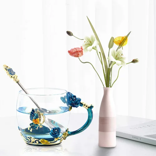Miniatura 4 de Taza de Té Esmaltada de Camping de Verano, Taza de Café con Juego de Cuchara de Vidrio Transparente Hecho a Mano con Esmalte de Mariposa y Flores