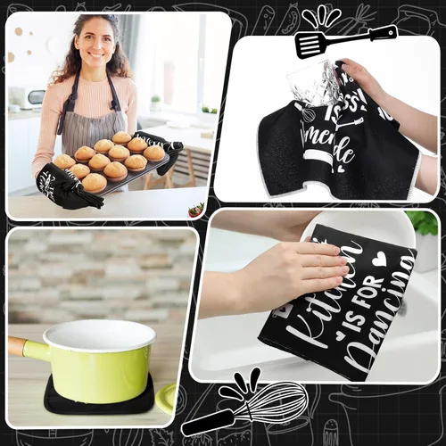 Miniatura 4 de Fourluoo Juego de 10 piezas de decoración y accesorios de cocina de granja, 4 toallas de cocina, 2 soportes para ollas, 2 guantes de horno, 2 Negro