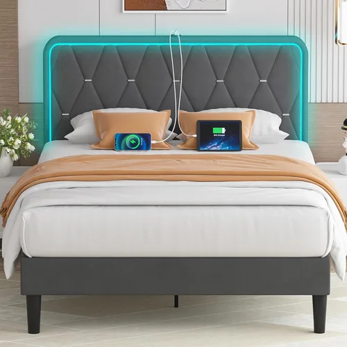 Miniatura 8 de VECELO Base de cama individual tapizada con cabecera ajustable, plataforma de terciopelo con luces LED, estación de carga, base de colchón