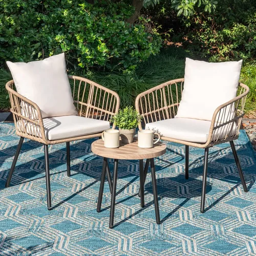 NUU GARDEN Juego de 3 piezas para patio bistró, mesa de mimbre para exteriores y 2 sillas, muebles compactos beige para porche, patio trasero, junto