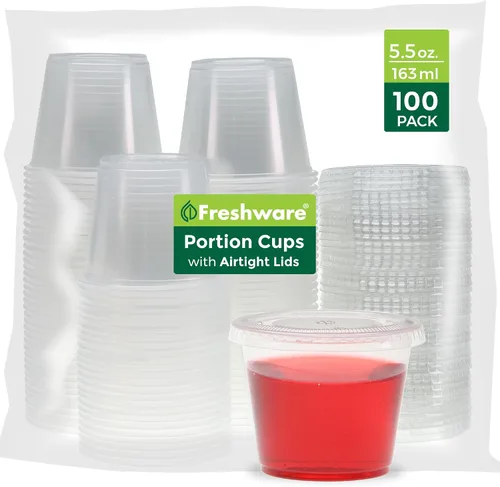Miniatura 12 de Freshware Vasos de Plástico para Porciones con Tapas [1 Onza, 100 Juegos] Vasos de Plástico Desechables para Preparación de Comidas, Aderezo