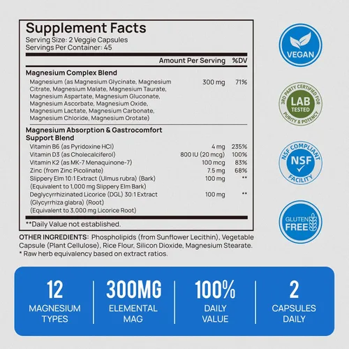Miniatura 6 de Complejo de magnesio 18 en 1 para mujeres y hombres Suplemento de magnesio liposomal con glicinato, citrato, malato, taurato, D3 y K2 Alta