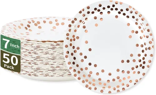 Miniatura 8 de Platos de papel para fiesta de puntos negros y oro rosa, 50 piezas desechables para fiestas, platos de papel de postre para cumpleaños, bodas