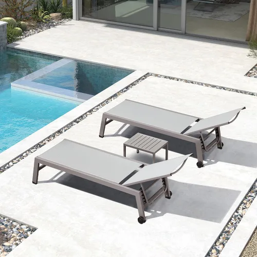 Miniatura 37 de PURPLE LEAF Juego de tumbonas para exteriores para 2 sillas de piscina de gran tamaño con ruedas fáciles de mover y respaldo ajustable, tumbonas