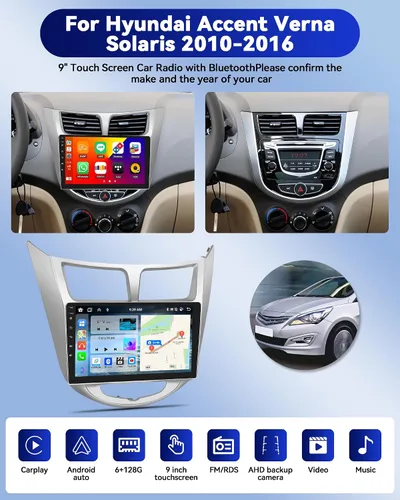 Miniatura 5 de 8 Core 6+128G para Hyundai Accent Verna Solaris 2010-2016 Android Car Stereo, 9" IPS Car Radio Wireless Carplay Android