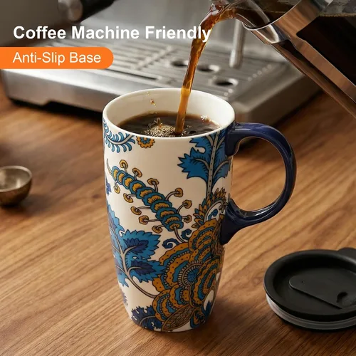 Miniatura 5 de Topadorn Taza de café de cerámica de 17 onzas, taza de viaje floral de cachemira azul y amarillo con tapa, apta para microondas y lavavajillas, sin