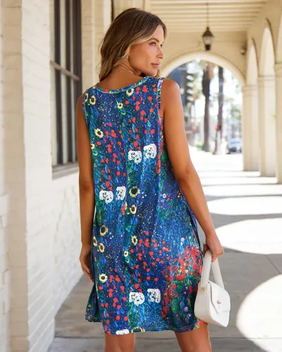 Miniatura 6 de elescat Vestidos de verano para mujer 2025, vestido casual de playa sin mangas con estampado floral, tipo camiseta, suelto y con bolsillos