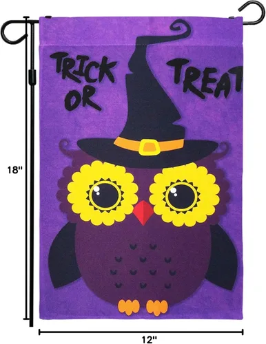 Miniatura 7 de G128 - Bandera de jardín de Halloween, cita de truco o trato con bonito búho, decoraciones de jardín y patio, bandera rústica de temporada para 12 x