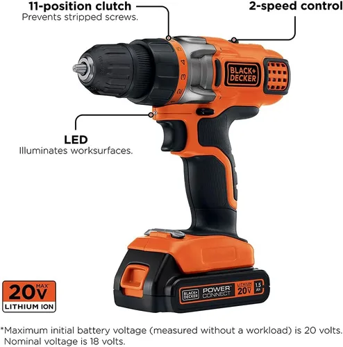 Miniatura 2 de BLACK+DECKER 20V MAX Taladro/desarmador inalámbrico con batería y cargador, luz de trabajo LED (LDX220C)