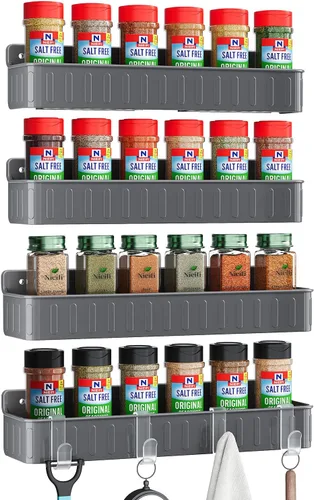 Miniatura 9 de Nieifi Estante de Especias para Montar en Pared, Paquete de 4, Negro, Instalación con Tornillo o Adhesivo, Organizador de Estante de Especias