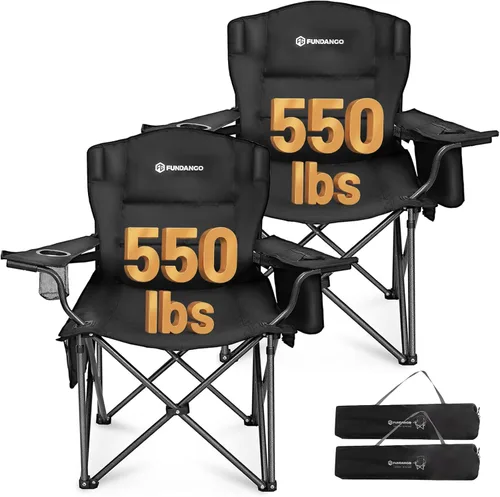 Miniatura 9 de FUNDANGO Silla de campamento de gran tamaño para adultos, silla de césped plegable portátil de servicio pesado con asiento y respaldo acolchados