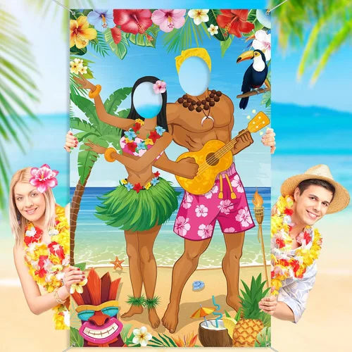 Capoda Decoraciones de fiesta hawaiana Luau Pareja Photo Prop Hawaiian Photo Background Fondo Tropical Beach Prop Pareja Puerta Banner para Verano