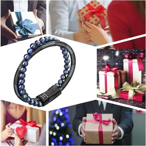 Miniatura 6 de murtoo - Pulsera de piel con cuentas o abalorios para hombre cuentas naturales acero y piel