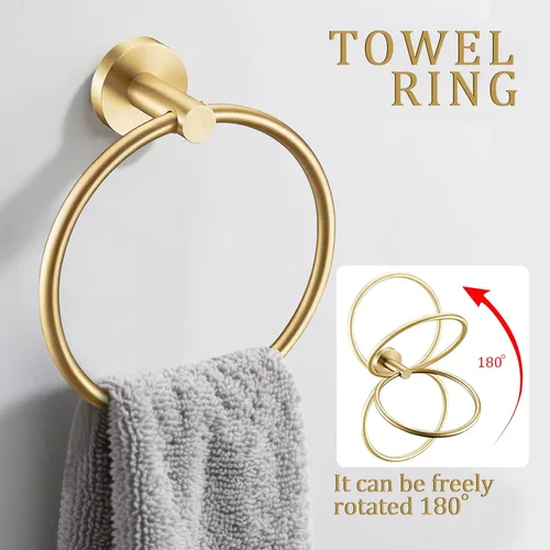 Miniatura 3 de Juego de 6 piezas de accesorios de baño de oro cepillado, anillo de toalla de mano de 16 y 23.6 pulgadas, soporte para toallas redondas, ganchos