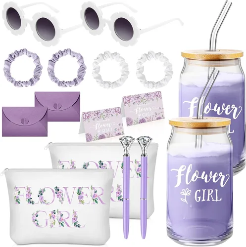 Miniatura 8 de Meanplan Juego de 16 piezas de regalo de propuesta para niña de las flores, vaso con pajitas, bolsa de maquillaje, lentes de sol, anillo