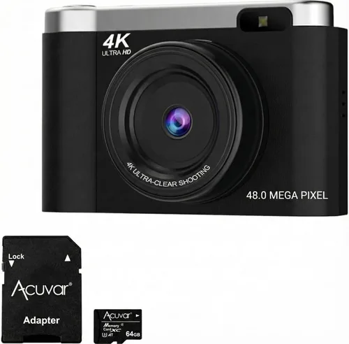 Cámara digital 4K para fotografía y viajes – Cámara de vlogging de enfoque automático de 48 MP con pantalla abatible, tarjeta SD de 64 GB, flash,