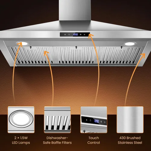 Miniatura 8 de Campana Extractora Tieasy de 36 Pulgadas para Montaje en Pared, Campana de Cocina con Conducto Convertible Sin Conductos, Control Táctil, Filtros