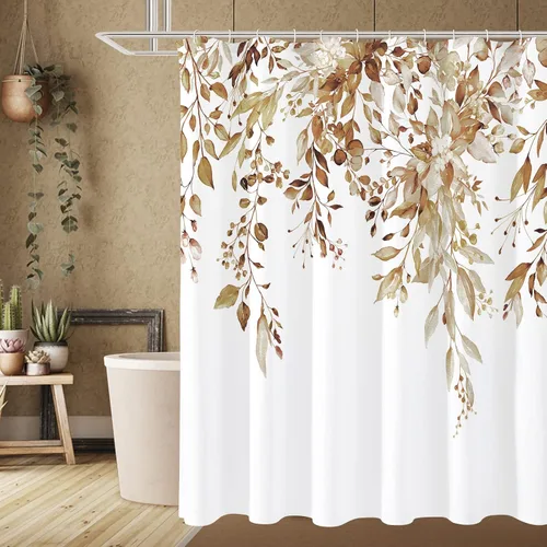 Gibelle - Cortina de ducha de eucalipto marrón, hojas de plantas de acuarela con diseño floral, juego de cortina de ducha con ganchos, 72 x 72