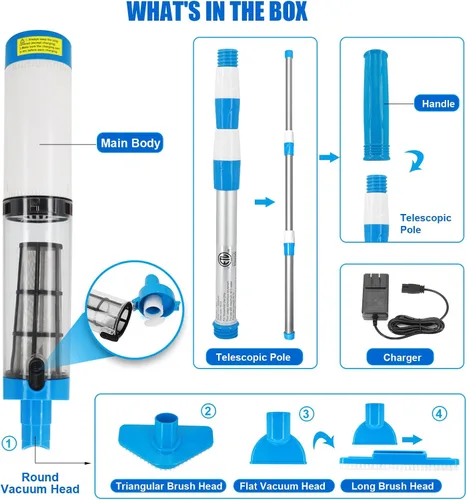 Miniatura 6 de Aspiradora de piscina de mano con poste telescópico, aspiradora recargable inalámbrica 3 en 1, más de 100 minutos de tiempo de funcionamiento