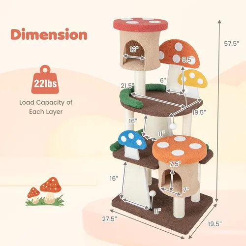 Miniatura 4 de Tangkula - Árbol para gatos en forma de hongo, torre para gatos de varios niveles con postes de sisal completamente envueltos, tableros para rascar