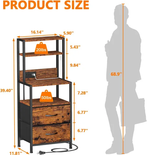 Miniatura 3 de Furnulem Cómoda industrial para dormitorio, mesita de noche de 39 pulgadas de alto con 2 cajones y estación de carga, mesita de noche