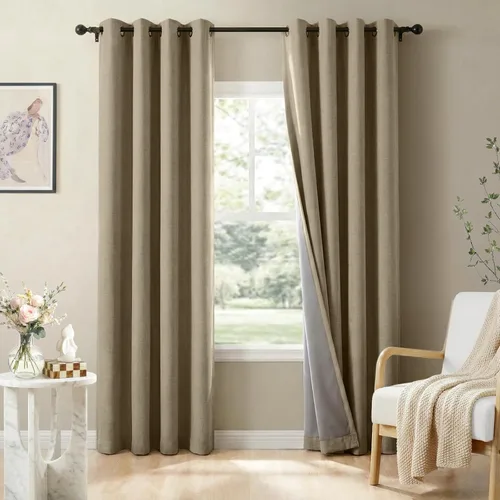 Miniatura 10 de 100% Blackout Shield Cortinas opacas de lino para dormitorio de 45 pulgadas de largo, cortinas beige con ojales para sala de estar, cortinas