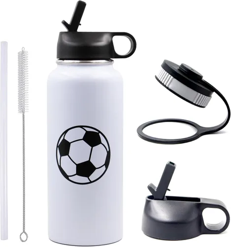Miniatura 14 de Botella de agua de béisbol de 18 onzas, botella deportiva de boca ancha, vaso de viaje de metal con 2 tapas, botellas de agua aisladas al vacío