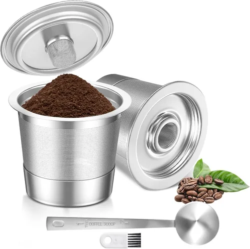 Paquete de 2 tazas K reutilizables para Keurig 1.0 – Cápsulas de café de acero inoxidable con tapa esférica y cuchara de metal – Filtros de café