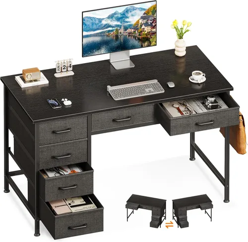 Miniatura 9 de ODK - Escritorio para computadora con 6 cajones, escritorio de oficina de 48 pulgadas con almacenamiento, escritorio reversible con gancho para Negro