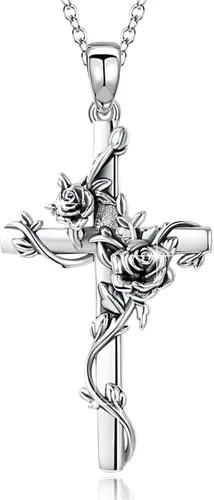 Cross necklace 925 Sterling Silver Rose Crose Pendant Necklace Cross Necklace for Women (A-Rose Cross Necklace)