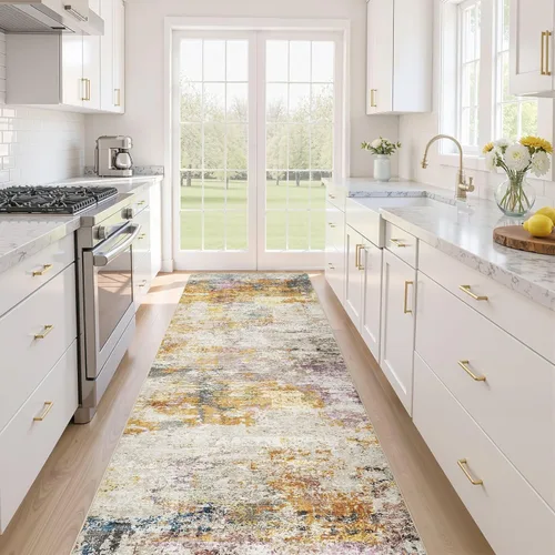 Miniatura 88 de Alfombra de pasillo lavable para cocina: 3 x 10 pies, antideslizante, abstracto, suave, moderno, resistente a las manchas, para interiores, piso