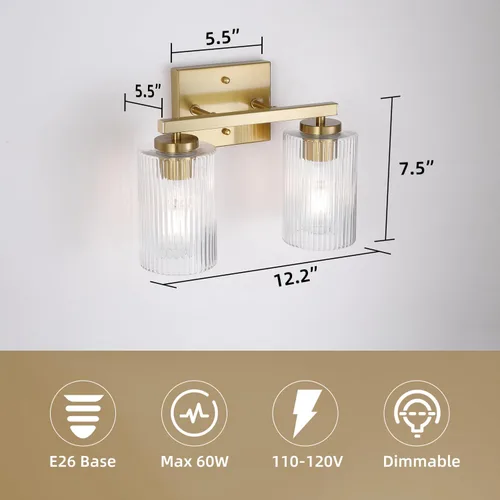 Miniatura 4 de 2 luces de tocador de baño de oro cepillado sobre el espejo, iluminación moderna con pantalla de vidrio texturizado, accesorios de iluminación
