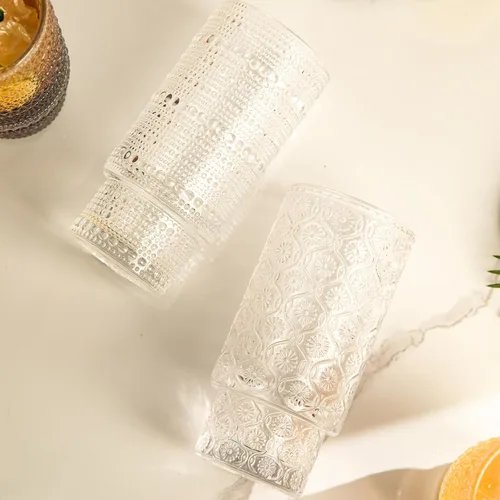 Miniatura 4 de Juego de 4 vasos para beber de 16 onzas, 2 vasos de clavo y 2 copas de agua en relieve, vasos vintage apilables con diseño de flores, vasos de 2