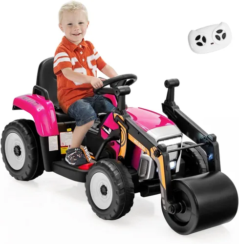 Costzon Auto para montar en coche, rodillo de carretera de 12 V con control remoto, tractor eléctrico a batería con rodillo de tambor ajustable, Rosa