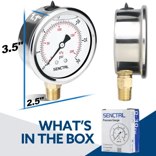Miniatura 6 de SENCTRL 0-30 PSI Medidor de Presión de Líquido Lleno de Glicerina de Baja Presión, Tamaño de Esfera de 2.5", 1/4 NPT, Caja de Acero Inoxidable