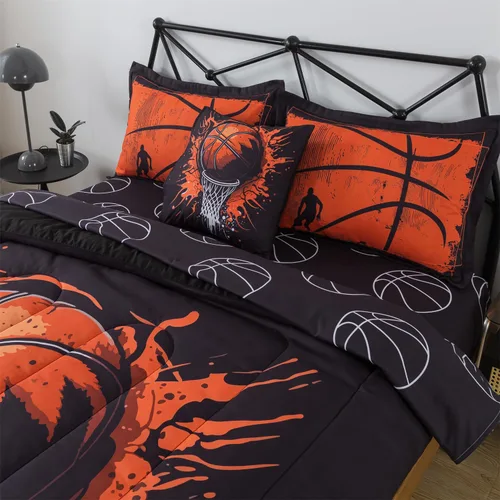 Miniatura 3 de Juego de edredón de 6 piezas con diseño de baloncesto, ropa de cama negra tamaño individual para niños, adolescentes y adultos, con pelotas
