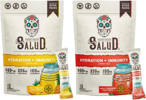 Salud - Paquete de 2 | Hidratación 2 en 1 + inmunidad (piña) e hidratación + inmunidad (fresa) – 15 porciones cada una, mezcla de bebida Agua