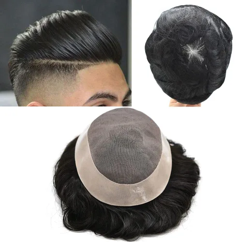 Miniatura 10 de Tupé para hombre, prótesis de cabello fino y duradero, sistemas de reemplazo de cabello humano para hombres, aspecto natural, pieza de pelo