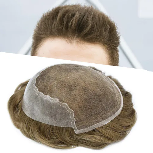 Miniatura 115 de Toupee para hombres pieza de pelo suave suizo encaje real sistema de cabello humano reemplazo blanqueado nudo mens tupé sistema de pelo para hombres